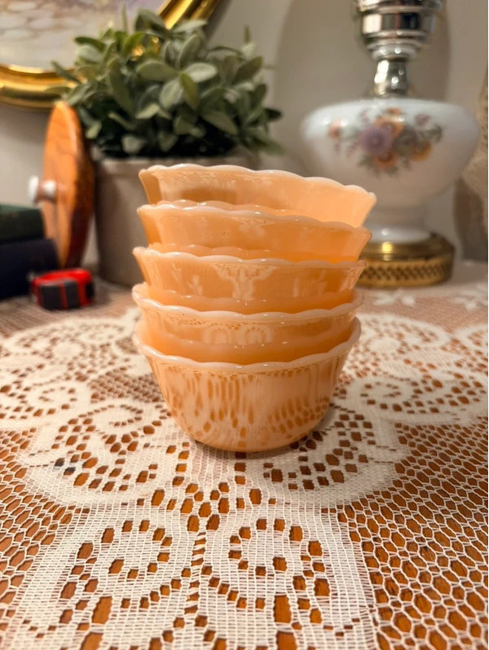 Vintage Fire-King Peach Luster Shell Berry Bowls Set of 5 USA